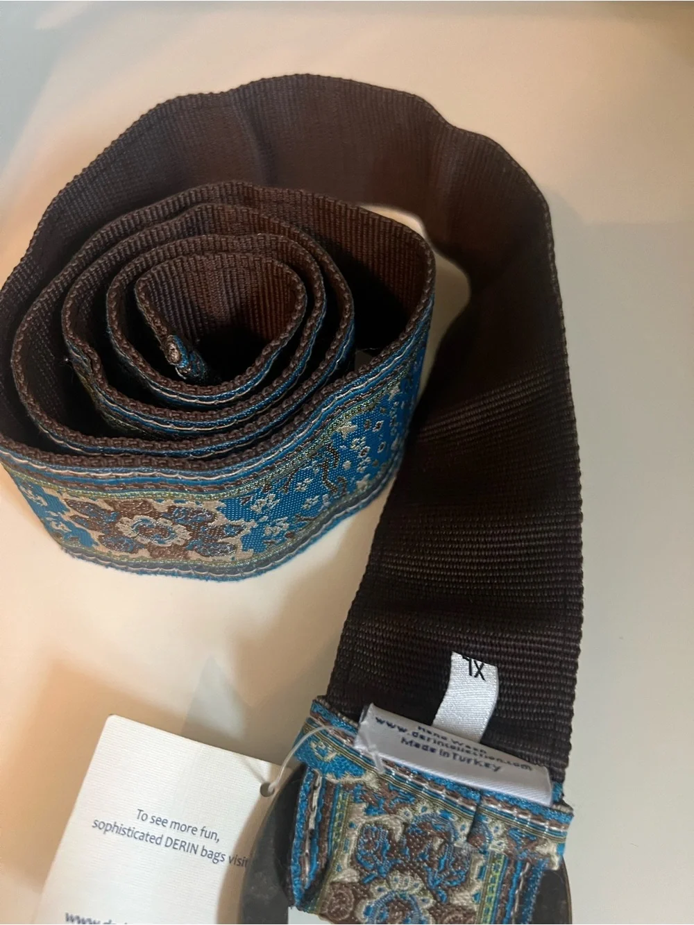 Blue Floral Woven Belt with Antique Gold Ring